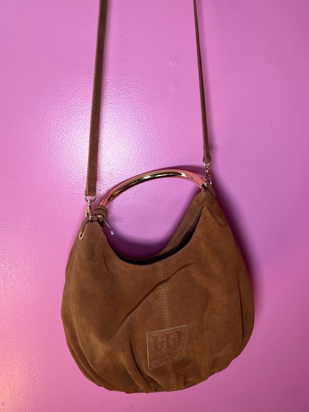 Haute Hippie Brown Suede Hobo with Gold Top Handle